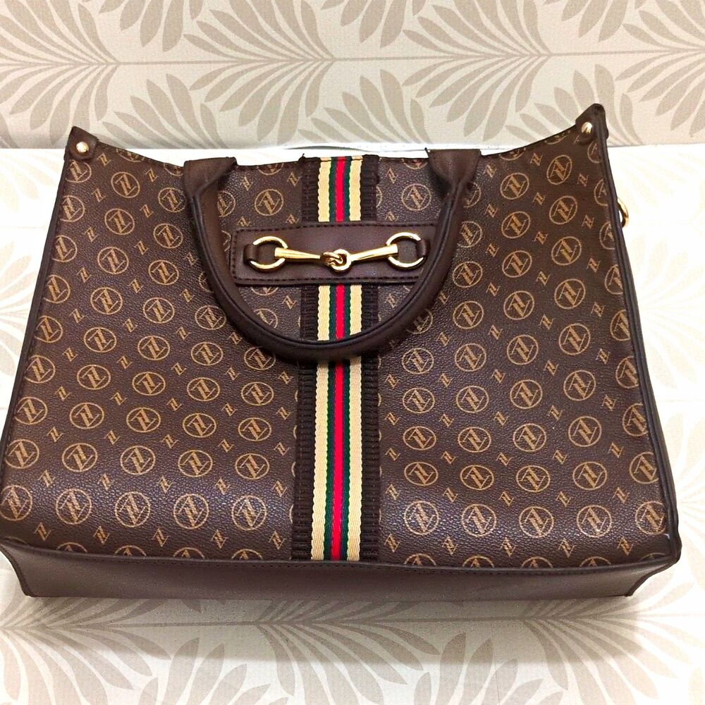 Adrienne Vittadini Brown Monogram Canvas Tote Zip Top Lined Pockets Gold